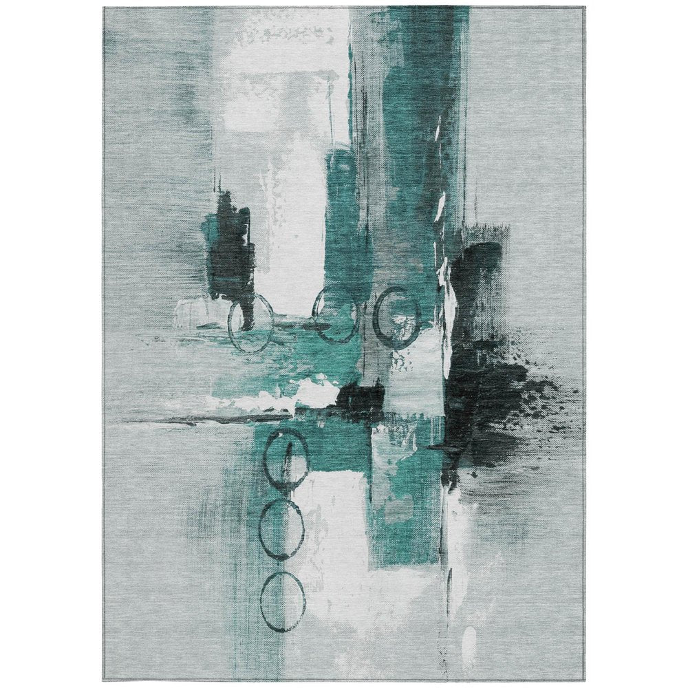 9' X 12' Teal Blue And Silver Abstract Washable Indoor Outdoor Area Rug — view 7