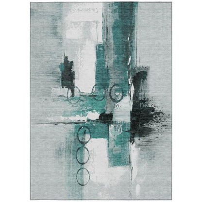 9' X 12' Teal Blue And Silver Abstract Washable Indoor Outdoor Area Rug HomeRoots