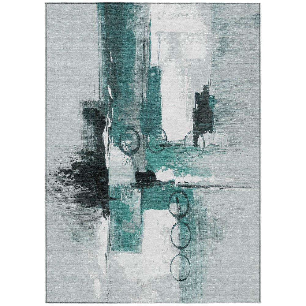 9' X 12' Teal Blue And Silver Abstract Washable Indoor Outdoor Area Rug — view 1