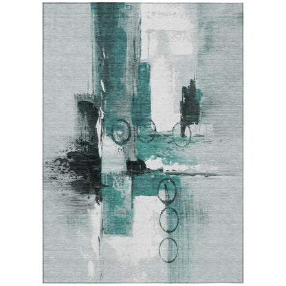 9' X 12' Teal Blue And Silver Abstract Washable Indoor Outdoor Area Rug HomeRoots