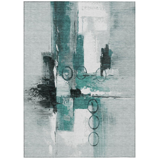 9' X 12' Teal Blue And Silver Abstract Washable Indoor Outdoor Area Rug