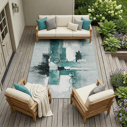 9' X 12' Teal Blue And Silver Abstract Washable Indoor Outdoor Area Rug
