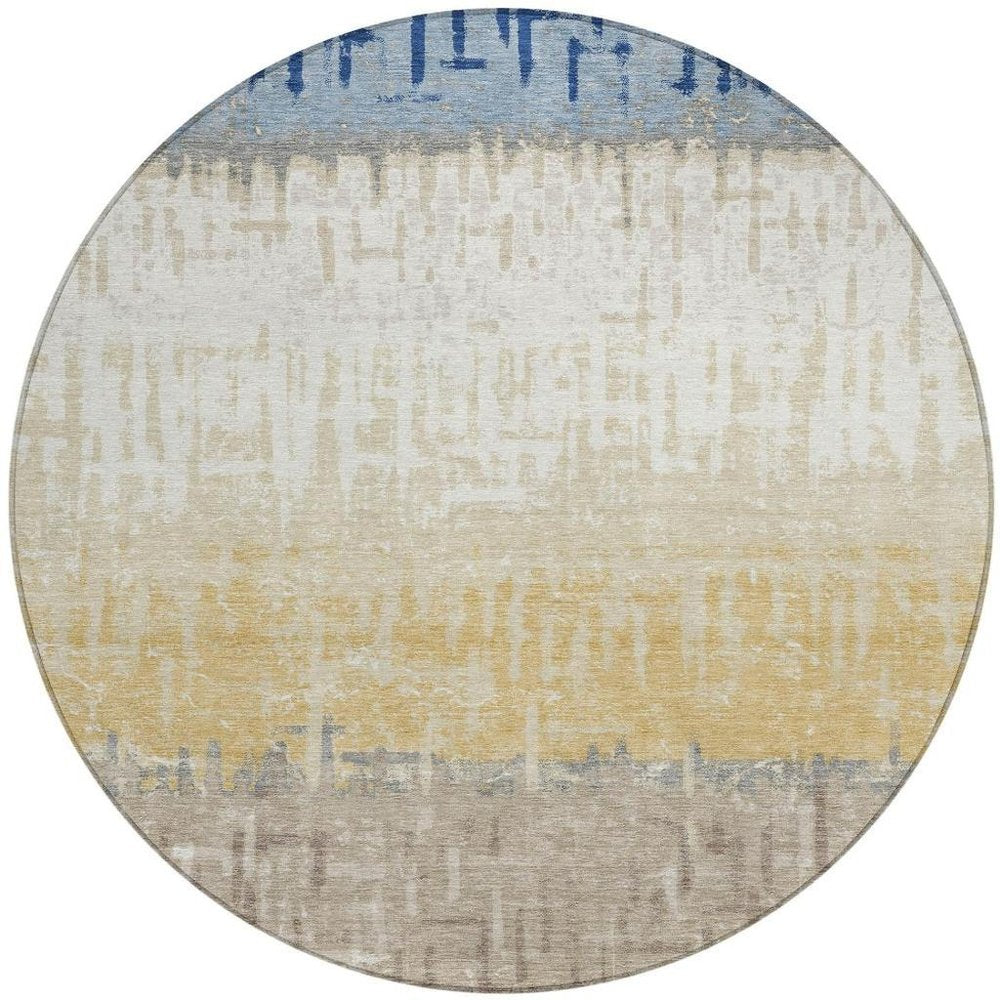 8' Blue And Khaki Round Striped Washable Indoor Outdoor Area Rug — view 6