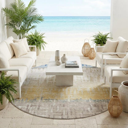 8' Blue And Khaki Round Striped Washable Indoor Outdoor Area Rug HomeRoots