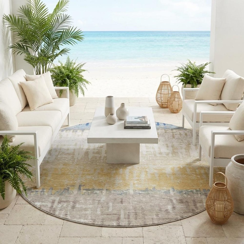 8' Blue And Khaki Round Striped Washable Indoor Outdoor Area Rug — view 7