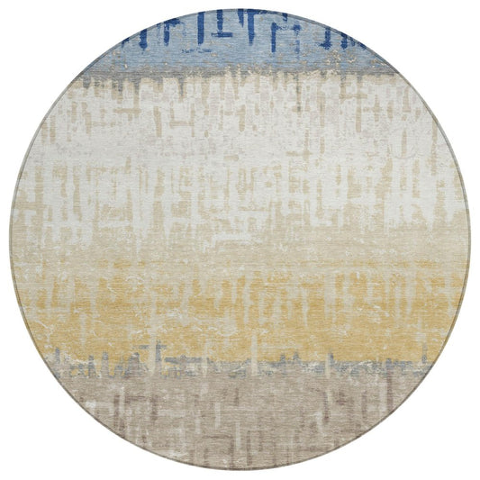 8' Blue And Khaki Round Striped Washable Indoor Outdoor Area Rug
