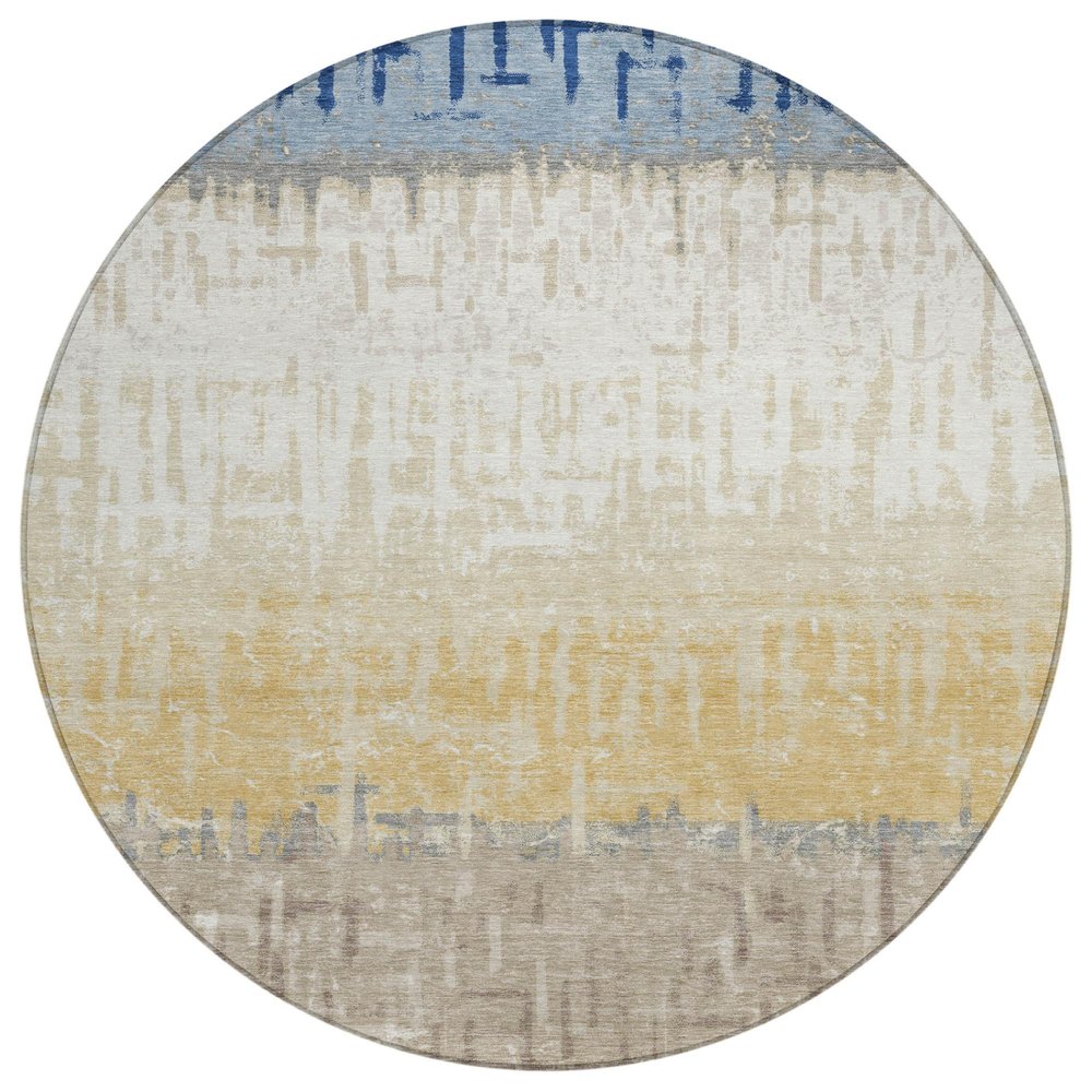 8' Blue And Khaki Round Striped Washable Indoor Outdoor Area Rug HomeRoots