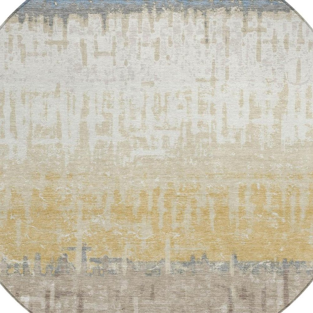 8' Blue And Khaki Round Striped Washable Indoor Outdoor Area Rug