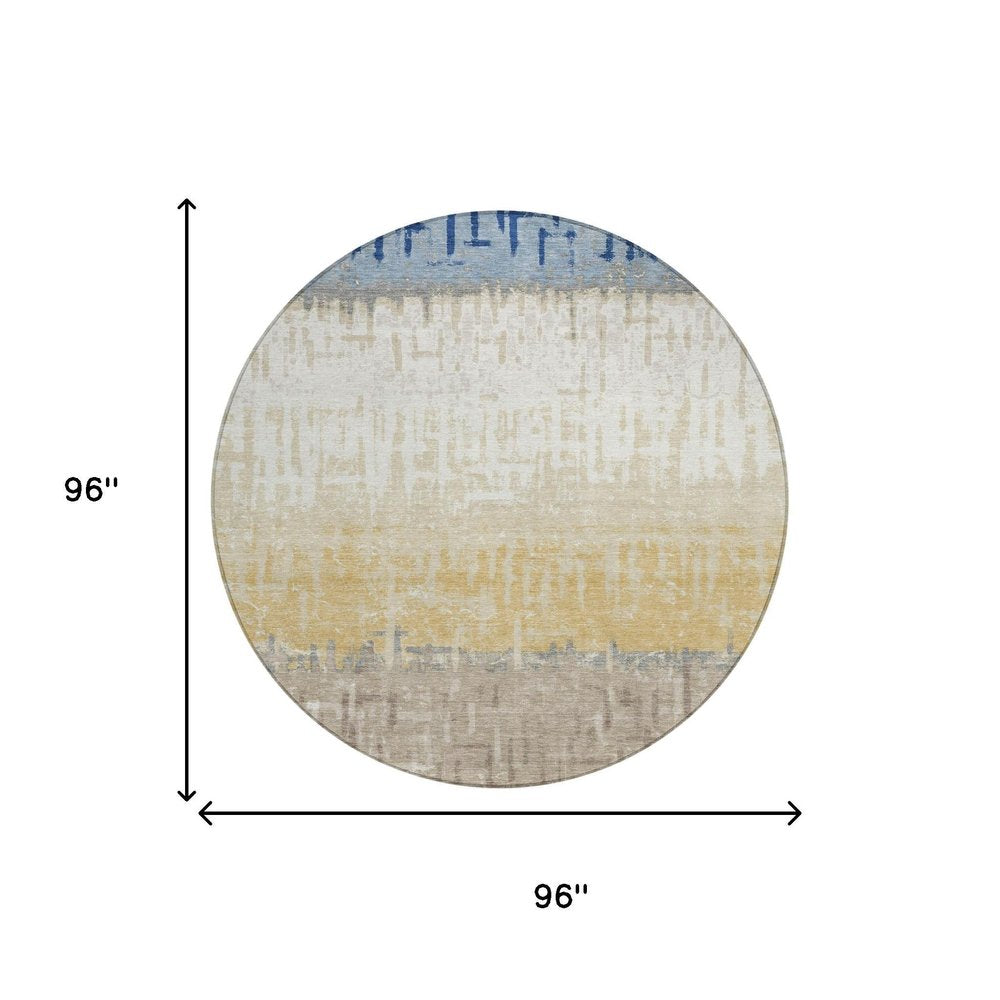 8' Blue And Khaki Round Striped Washable Indoor Outdoor Area Rug