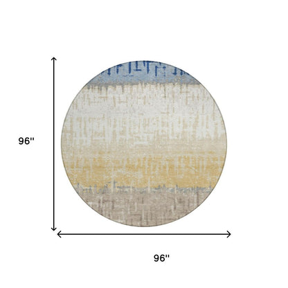 8' Blue And Khaki Round Striped Washable Indoor Outdoor Area Rug