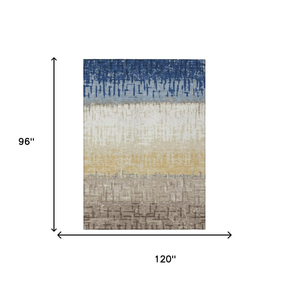 8' X 10' Blue And Khaki Striped Washable Indoor Outdoor Area Rug — view 4
