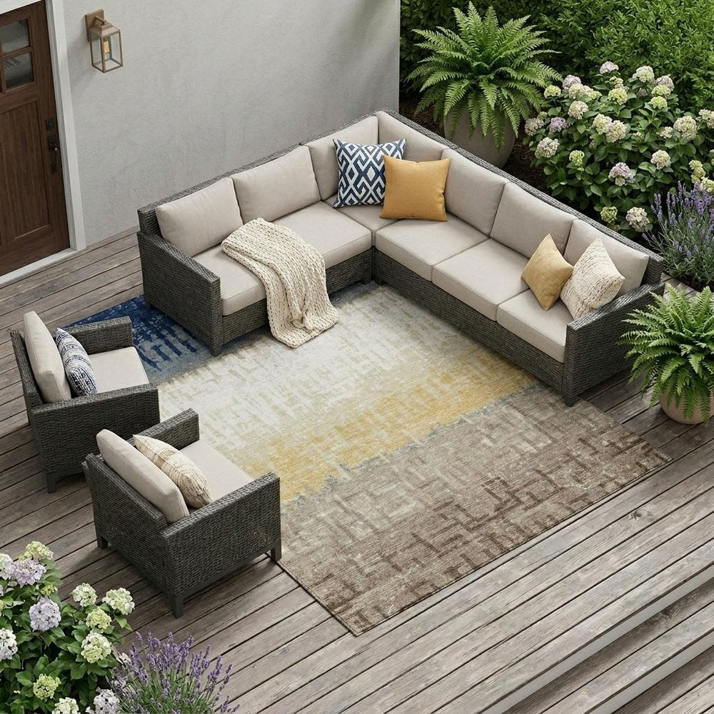 8' X 10' Blue And Khaki Striped Washable Indoor Outdoor Area Rug — view 5