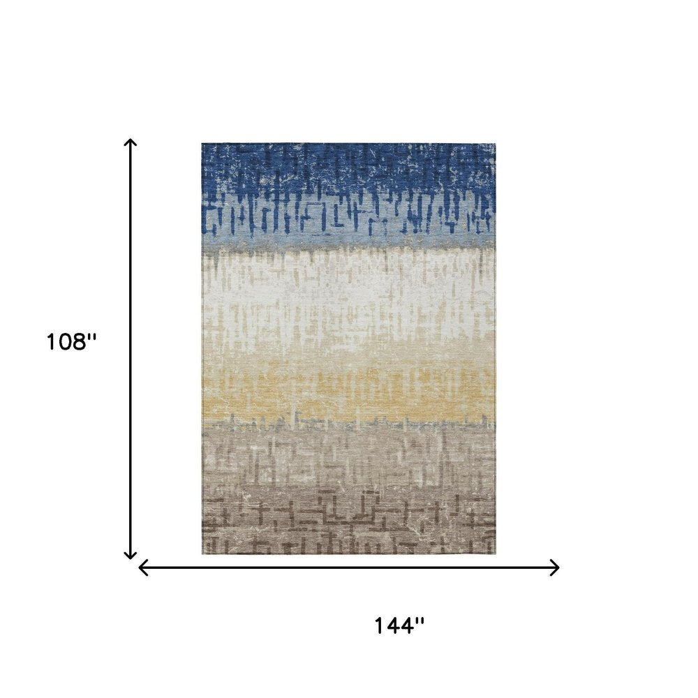 9' X 12' Blue And Khaki Striped Washable Indoor Outdoor Area Rug HomeRoots