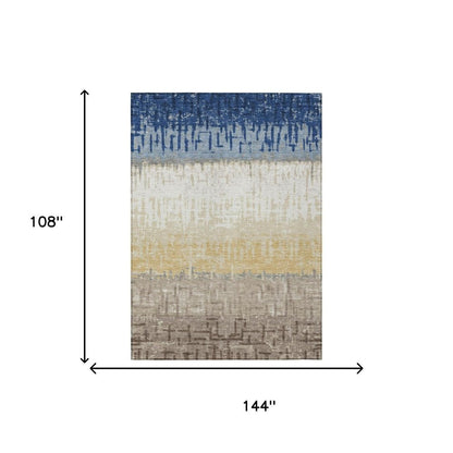 9' X 12' Blue And Khaki Striped Washable Indoor Outdoor Area Rug