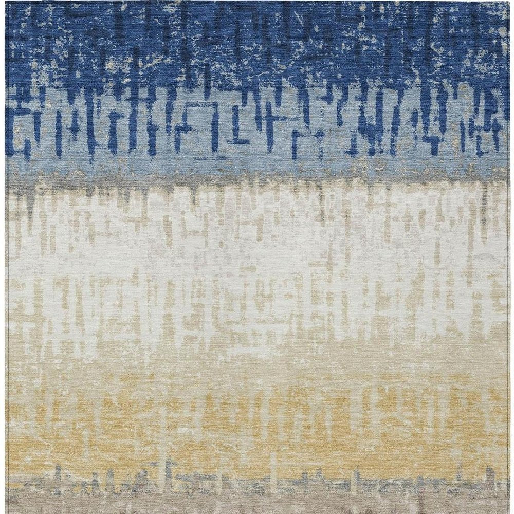 9' X 12' Blue And Khaki Striped Washable Indoor Outdoor Area Rug — view 7