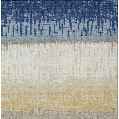 9' X 12' Blue And Khaki Striped Washable Indoor Outdoor Area Rug