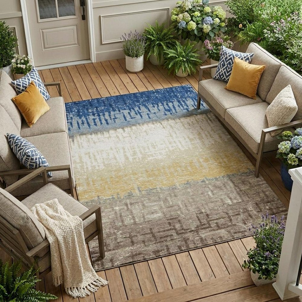 9' X 12' Blue And Khaki Striped Washable Indoor Outdoor Area Rug HomeRoots