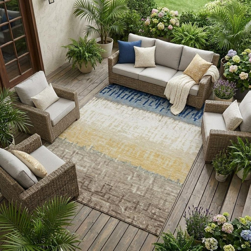 10' X 14' Blue And Khaki Striped Washable Indoor Outdoor Area Rug — view 5