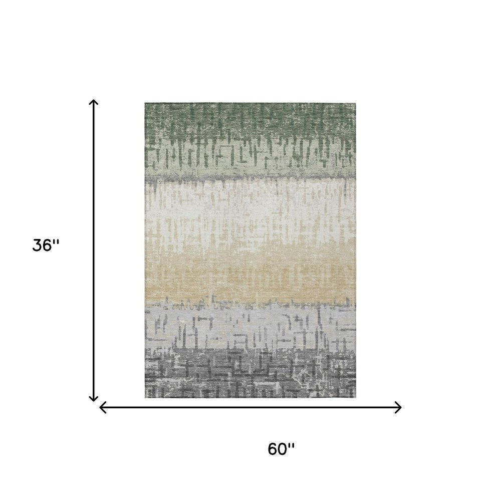3' X 5' Green And Gray Striped Washable Indoor Outdoor Area Rug HomeRoots