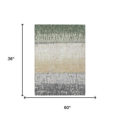 3' X 5' Green And Gray Striped Washable Indoor Outdoor Area Rug HomeRoots