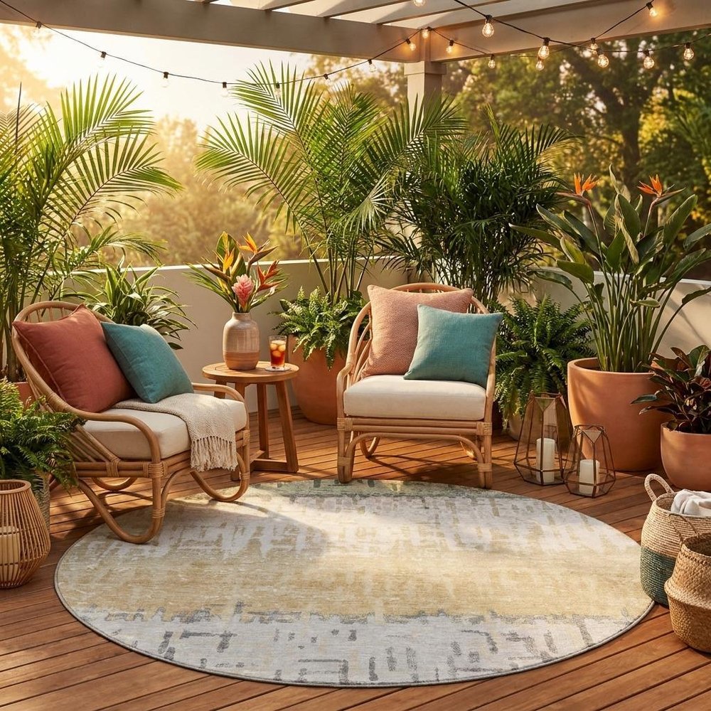 8' Green And Gray Round Striped Washable Indoor Outdoor Area Rug — view 7