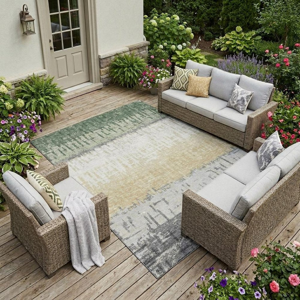 8' X 10' Green And Gray Striped Washable Indoor Outdoor Area Rug HomeRoots