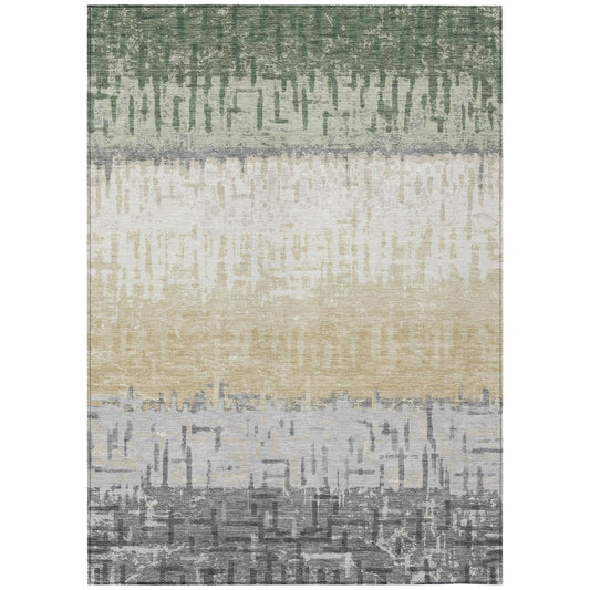 9' X 12' Green And Gray Striped Washable Indoor Outdoor Area Rug