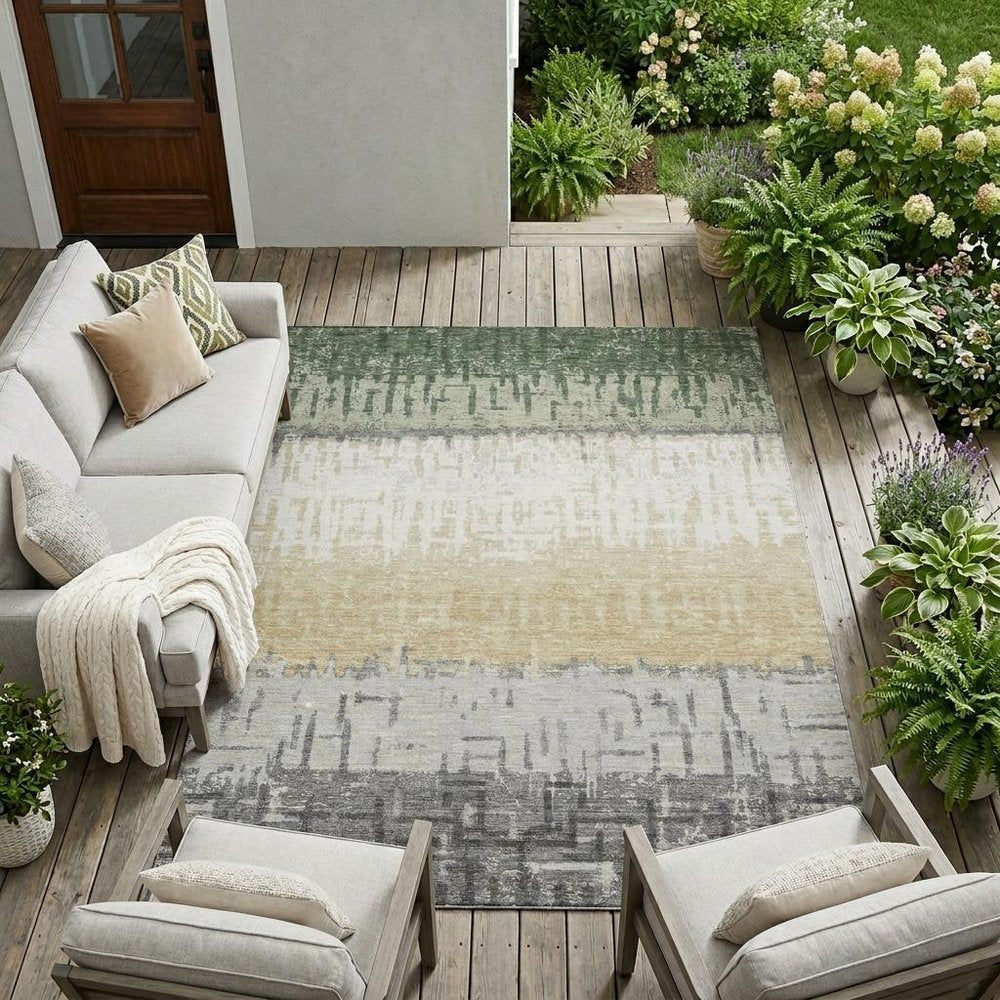 9' X 12' Green And Gray Striped Washable Indoor Outdoor Area Rug HomeRoots
