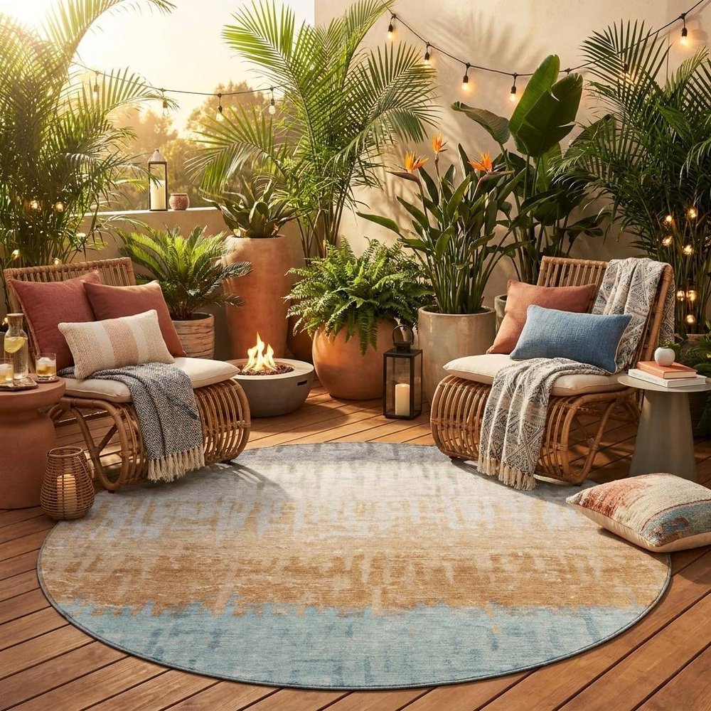 8' Graphite And Gray Round Striped Washable Indoor Outdoor Area Rug — view 7