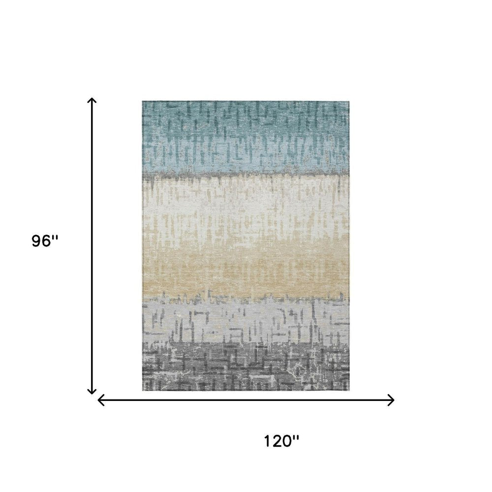 8' X 10' Teal Blue And Pewter Striped Washable Indoor Outdoor Area Rug — view 4