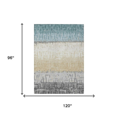 8' X 10' Teal Blue And Pewter Striped Washable Indoor Outdoor Area Rug HomeRoots