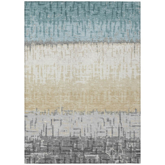 8' X 10' Teal Blue And Pewter Striped Washable Indoor Outdoor Area Rug