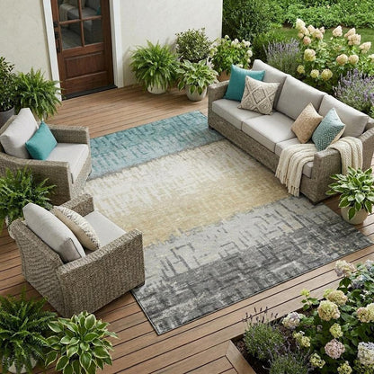 8' X 10' Teal Blue And Pewter Striped Washable Indoor Outdoor Area Rug HomeRoots