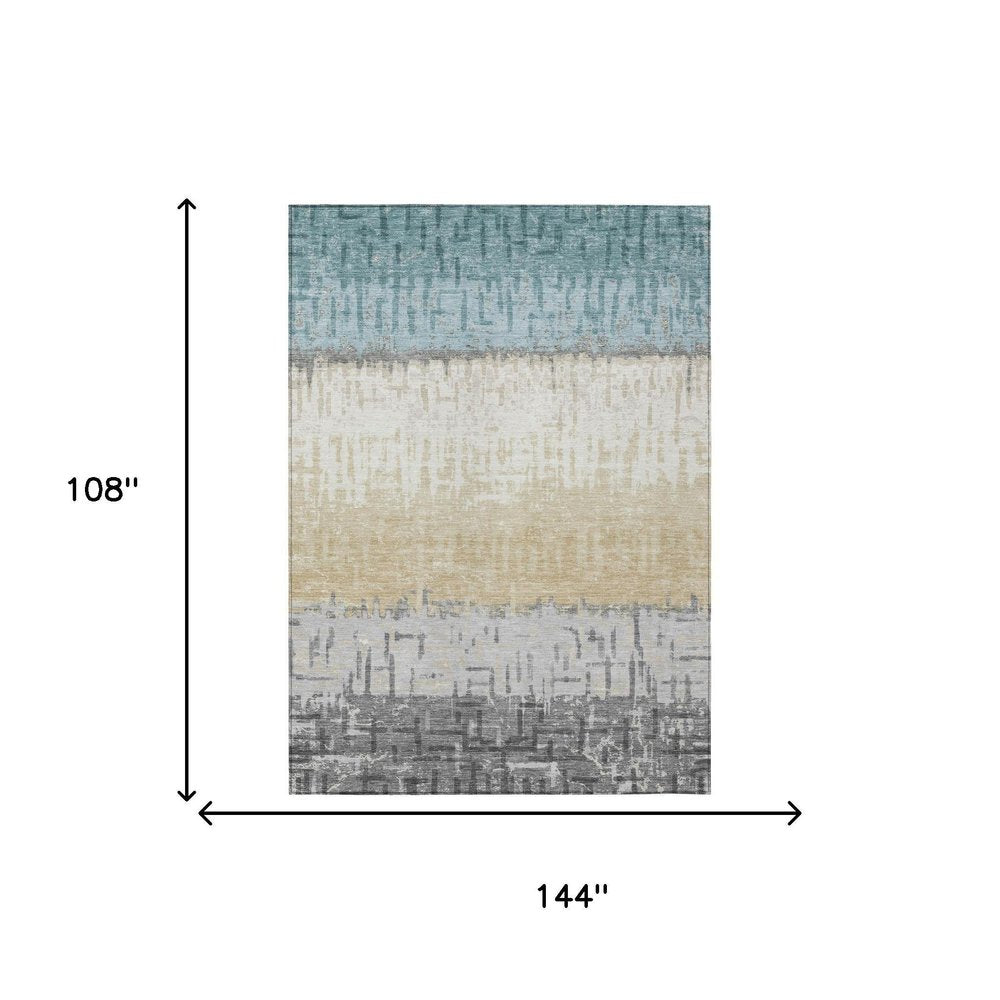 9' X 12' Teal Blue And Pewter Striped Washable Indoor Outdoor Area Rug — view 4