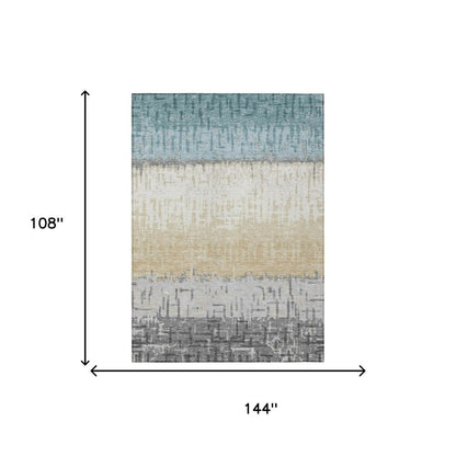 9' X 12' Teal Blue And Pewter Striped Washable Indoor Outdoor Area Rug HomeRoots