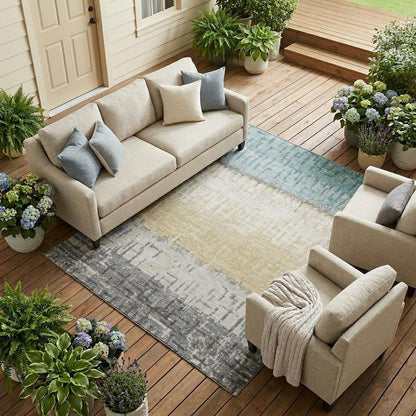 9' X 12' Teal Blue And Pewter Striped Washable Indoor Outdoor Area Rug HomeRoots