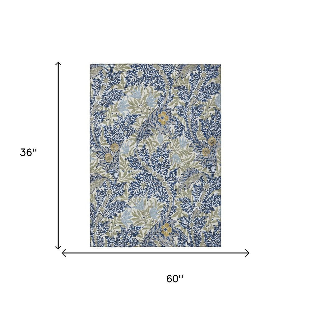 3' X 5' Blue And Gray Botanical Leaves Washable Indoor Outdoor Area Rug — view 4