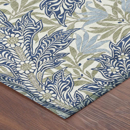 3' X 5' Blue And Gray Botanical Leaves Washable Indoor Outdoor Area Rug