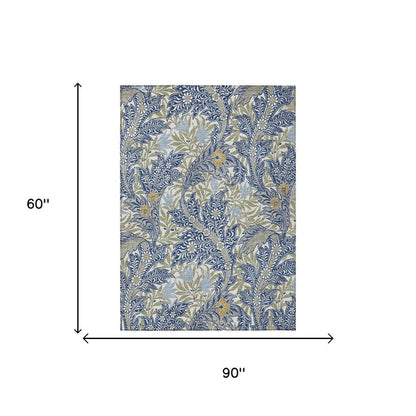 5' X 8' Blue And Gray Botanical Leaves Washable Indoor Outdoor Area Rug HomeRoots