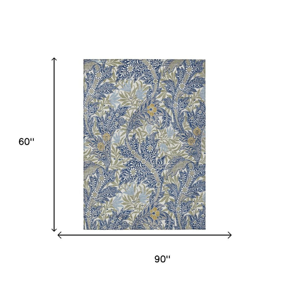 5' X 8' Blue And Gray Botanical Leaves Washable Indoor Outdoor Area Rug
