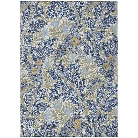 5' X 8' Blue And Gray Botanical Leaves Washable Indoor Outdoor Area Rug