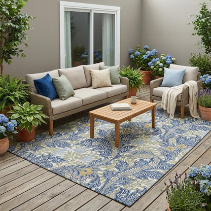5' X 8' Blue And Gray Botanical Leaves Washable Indoor Outdoor Area Rug HomeRoots