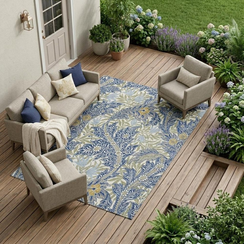 8' X 10' Blue And Gray Botanical Leaves Washable Indoor Outdoor Area Rug — view 5