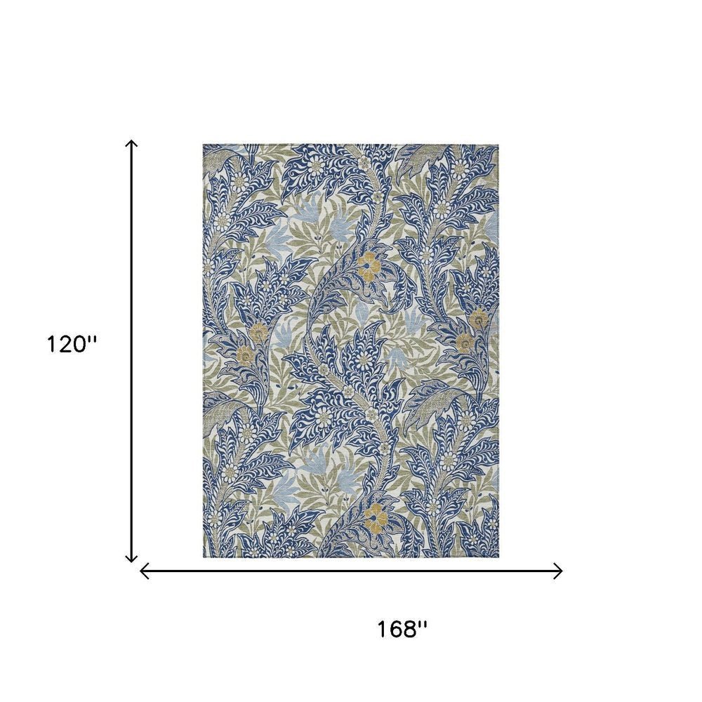 10' X 14' Blue And Gray Botanical Leaves Washable Indoor Outdoor Area Rug — view 4