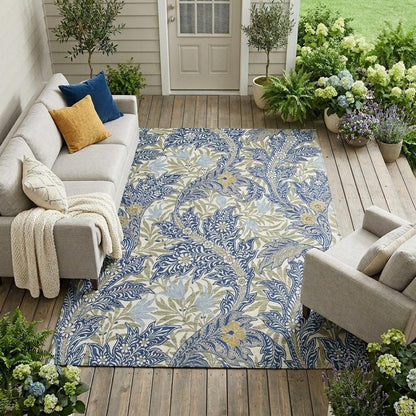 10' X 14' Blue And Gray Botanical Leaves Washable Indoor Outdoor Area Rug HomeRoots