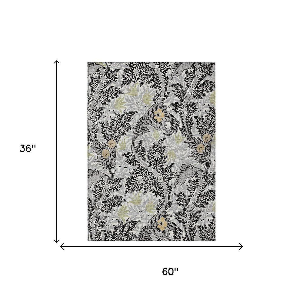 3' X 5' Black And Gray Botanical Leaves Washable Indoor Outdoor Area Rug HomeRoots