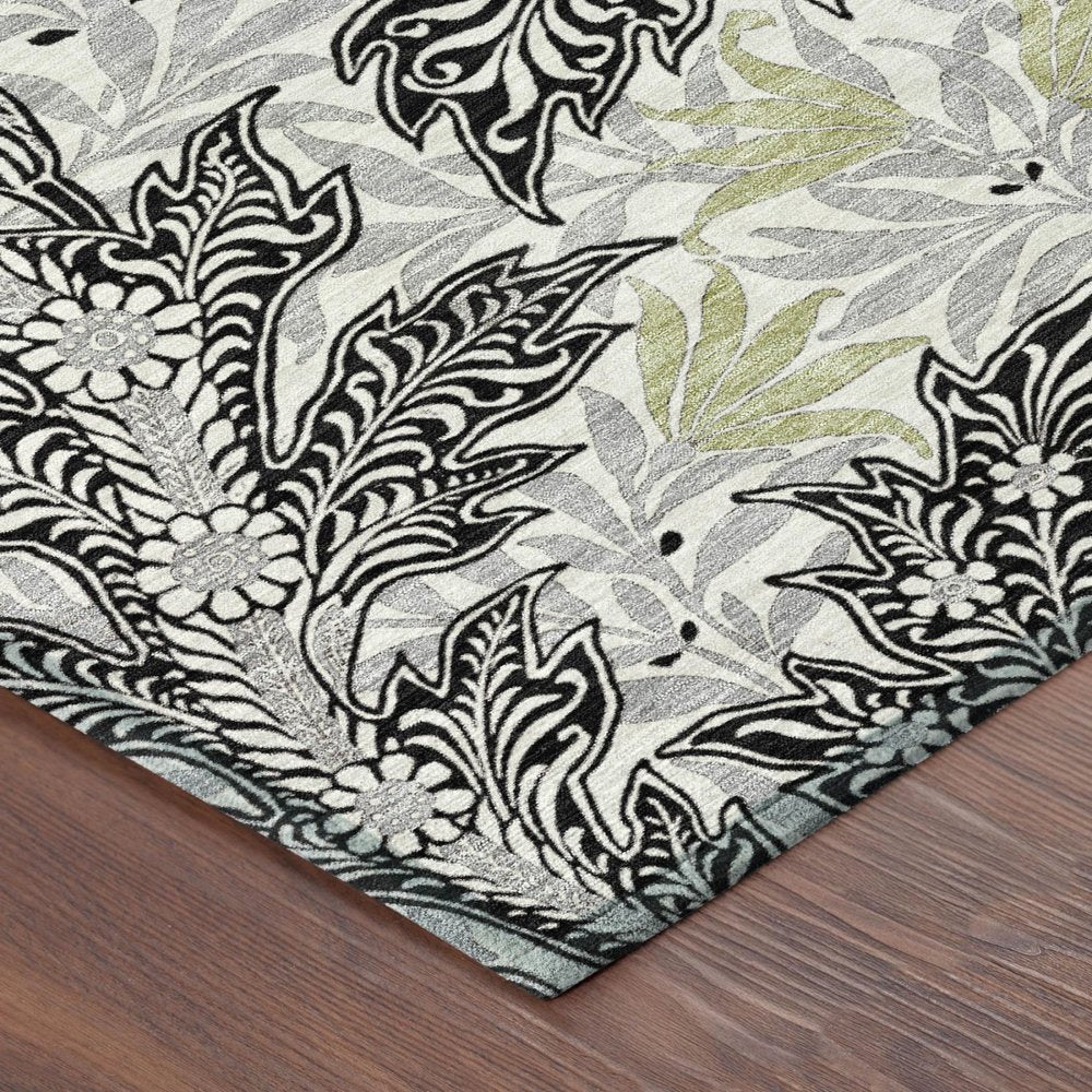 3' X 5' Black And Gray Botanical Leaves Washable Indoor Outdoor Area Rug HomeRoots