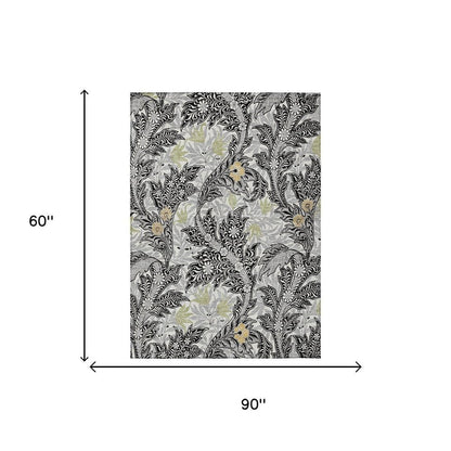 5' X 8' Black And Gray Botanical Leaves Washable Indoor Outdoor Area Rug HomeRoots