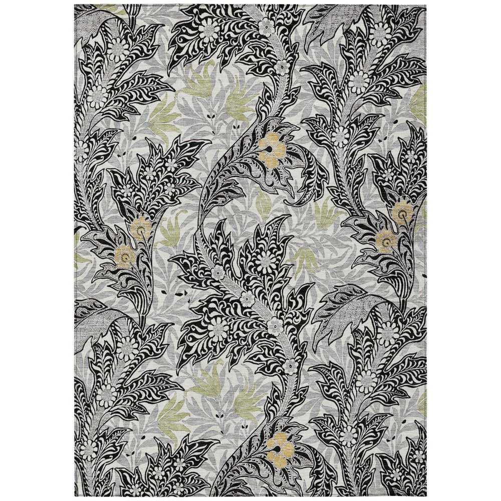 5' X 8' Black And Gray Botanical Leaves Washable Indoor Outdoor Area Rug HomeRoots