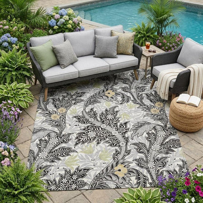 5' X 8' Black And Gray Botanical Leaves Washable Indoor Outdoor Area Rug HomeRoots